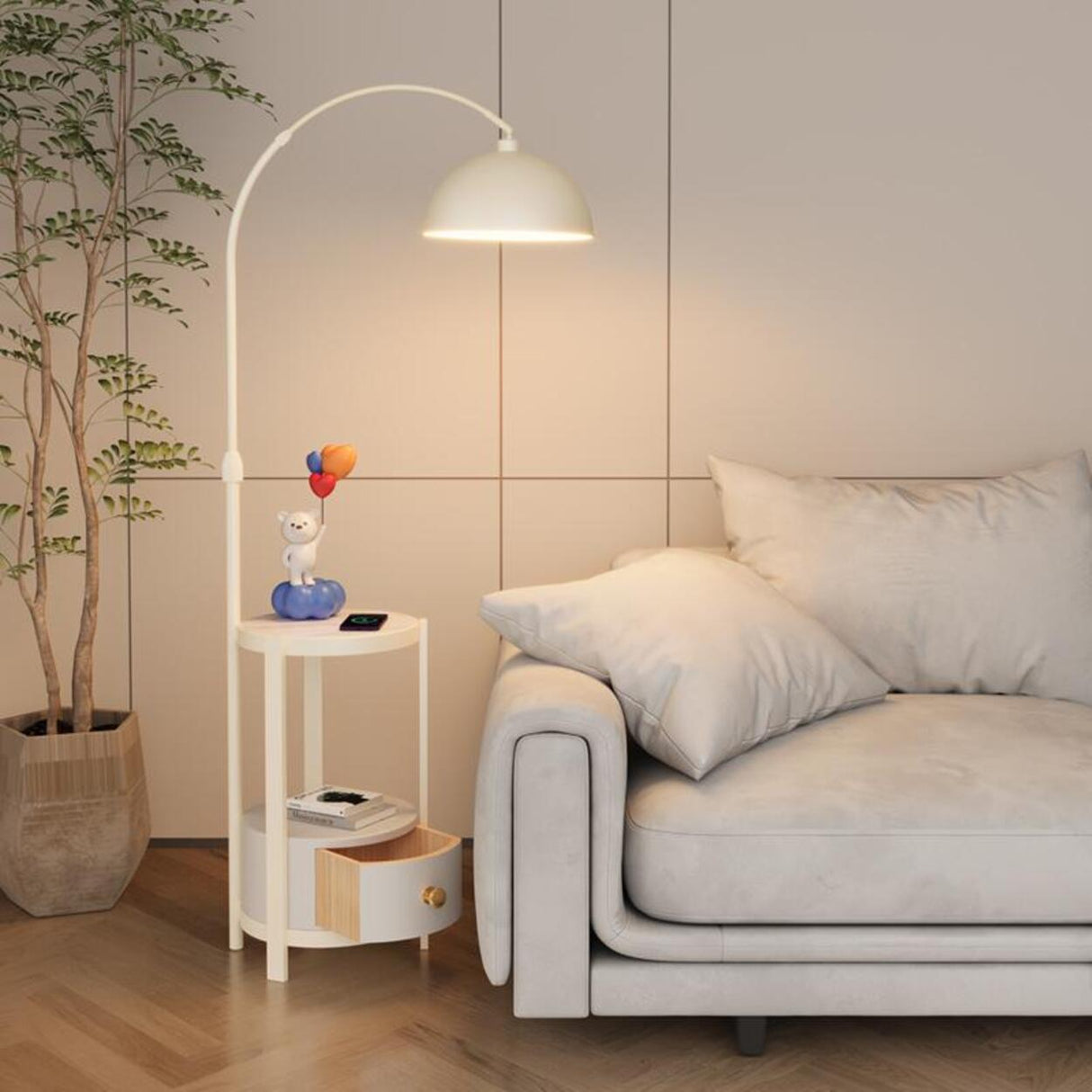 Multifunctional White Dome Floor Lamp with Side Table Image - 1