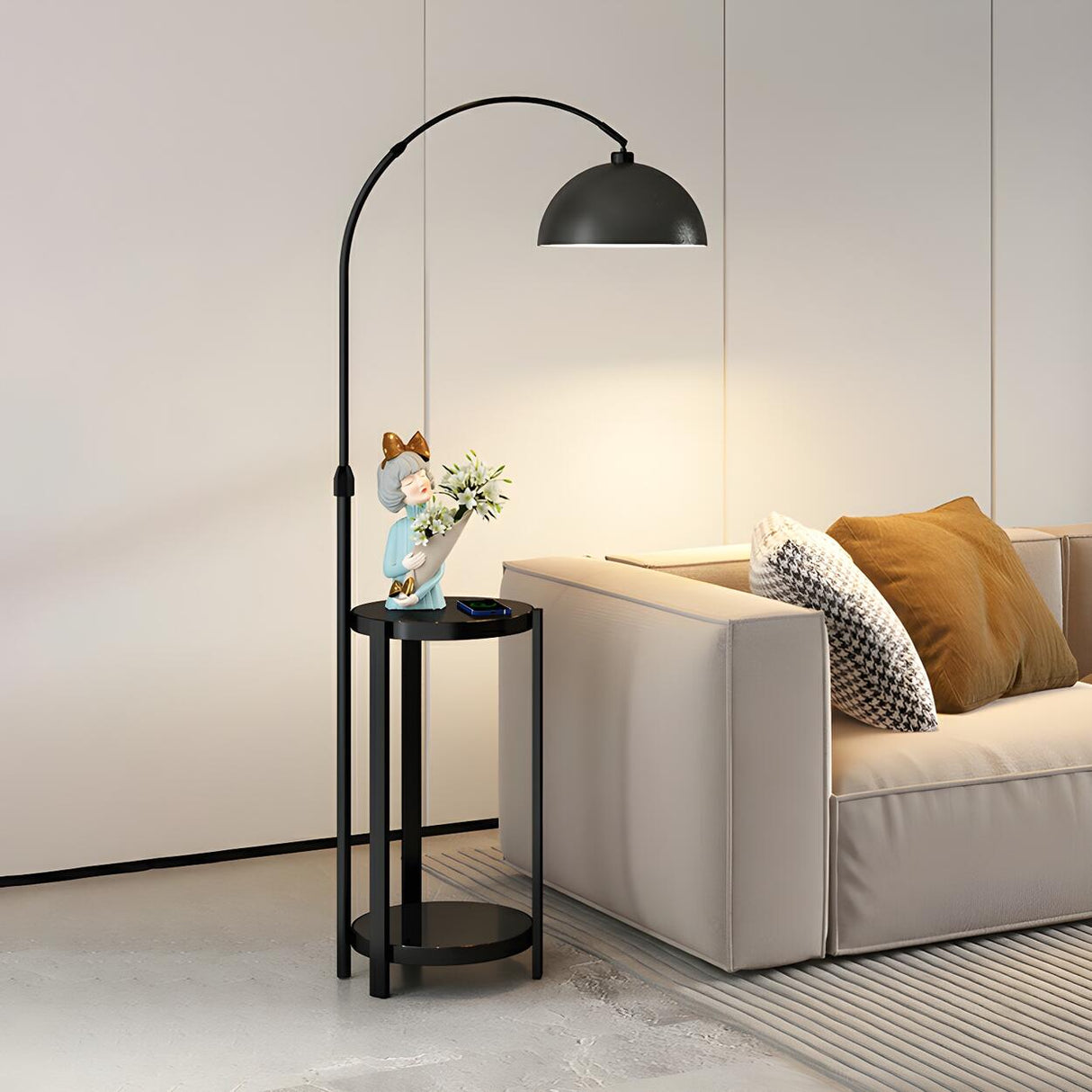 Multifunctional White Dome Floor Lamp with Side Table Image - 2