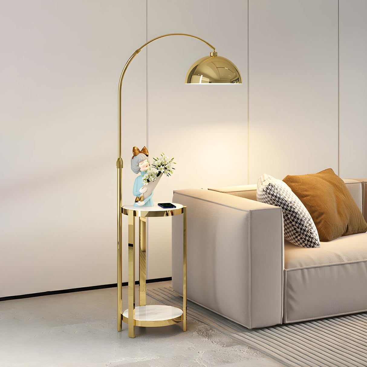 Multifunctional White Dome Floor Lamp with Side Table Image - 4