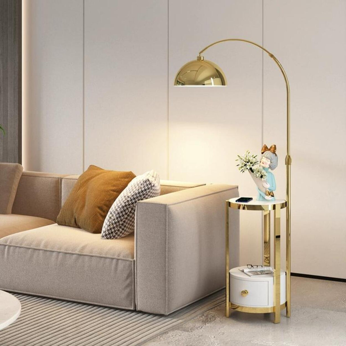 Multifunctional White Dome Floor Lamp with Side Table Image - 5