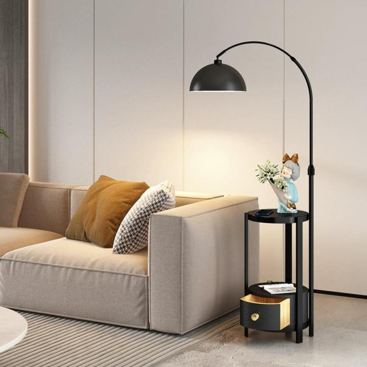 Multifunctional White Dome Floor Lamp with Side Table Image - 6