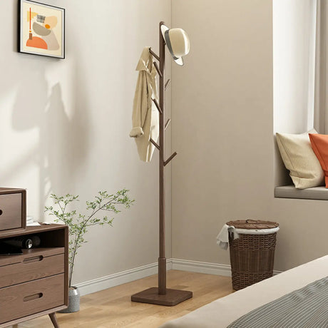 Narrow Walnut Wood Tree Coat Rack with Hooks and Storage Image - 1