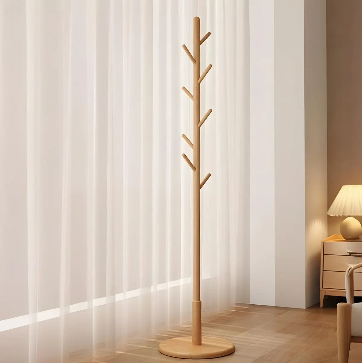 Narrow Walnut Wood Tree Coat Rack with Hooks and Storage Image - 5