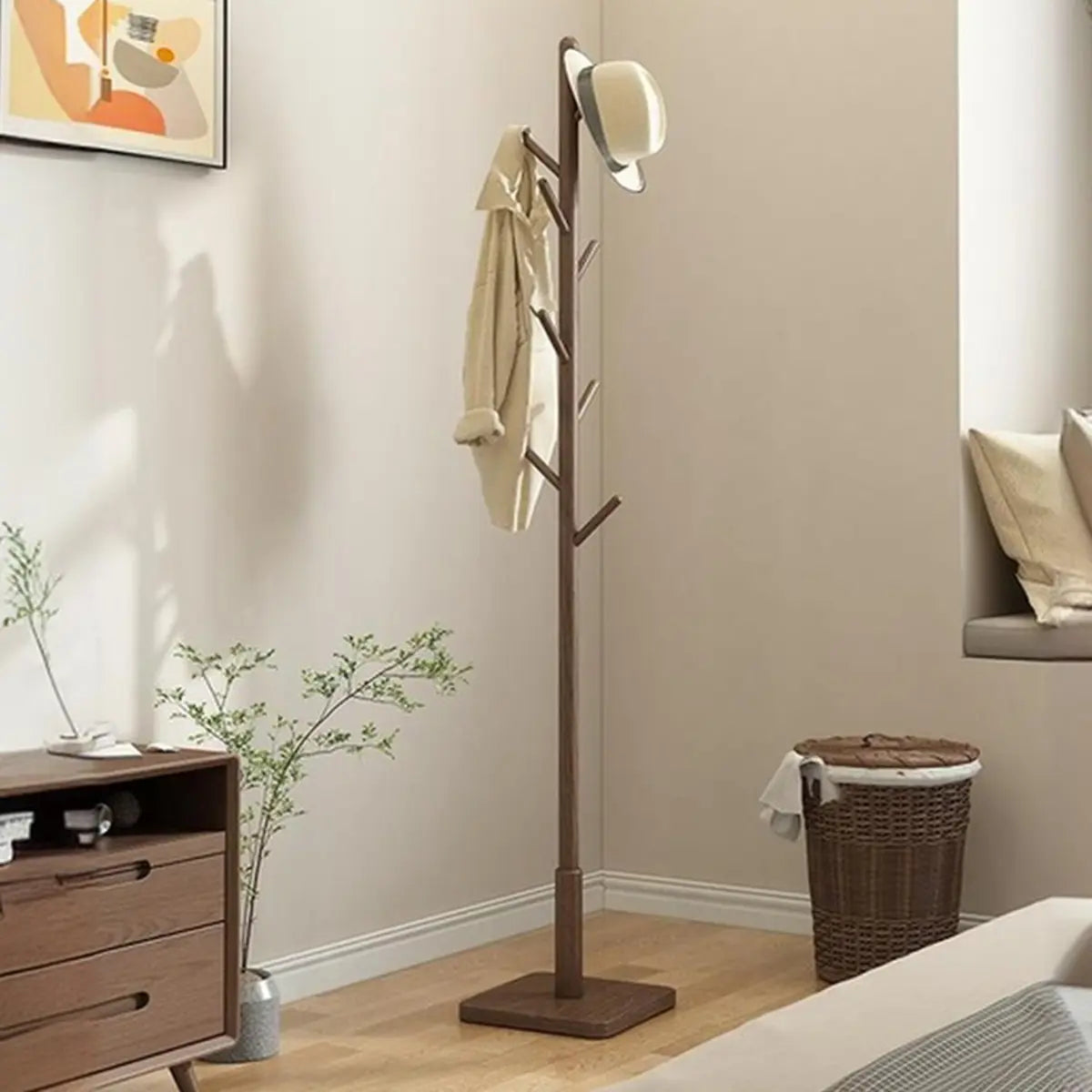 Narrow Walnut Wood Tree Coat Rack with Hooks and Storage Image - 6