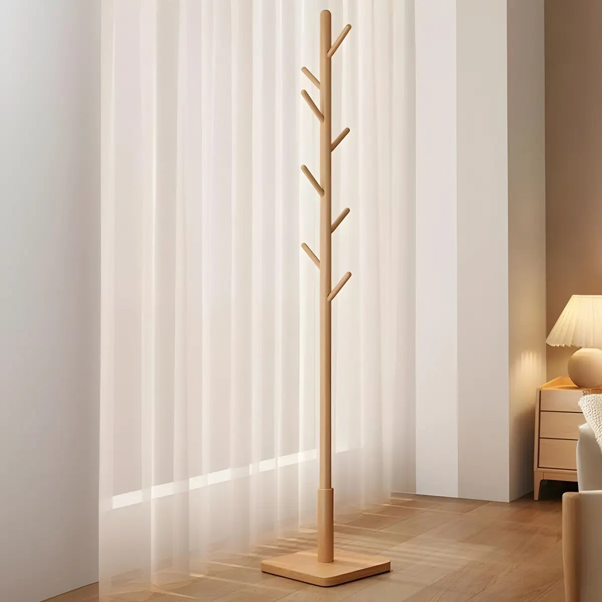 Narrow Walnut Wood Tree Coat Rack with Hooks and Storage Image - 7