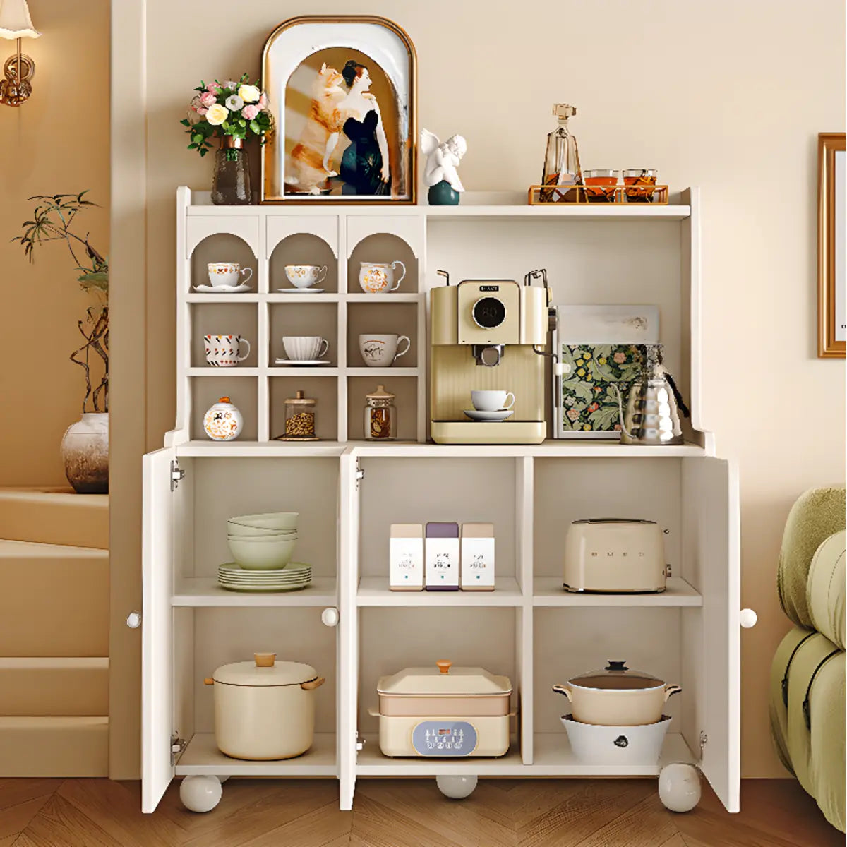 Narrow White Tall Open Storage Sideboard with Shelves Image - 1