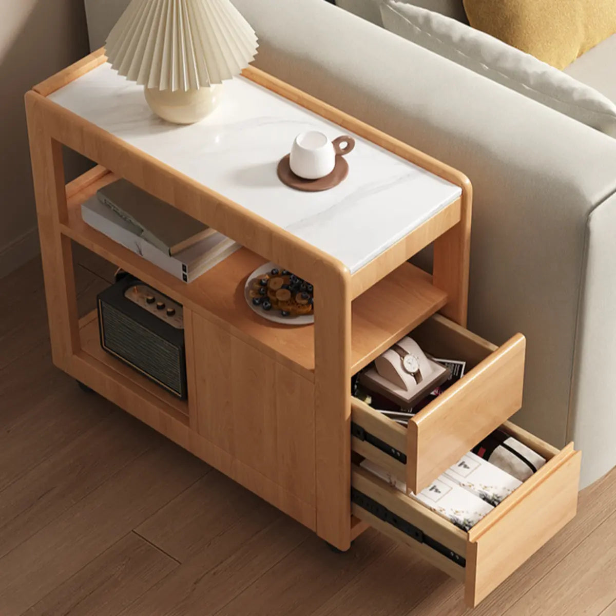 Natural 2-Drawers Rectangle stone Rollers Chairside Table Image - 11