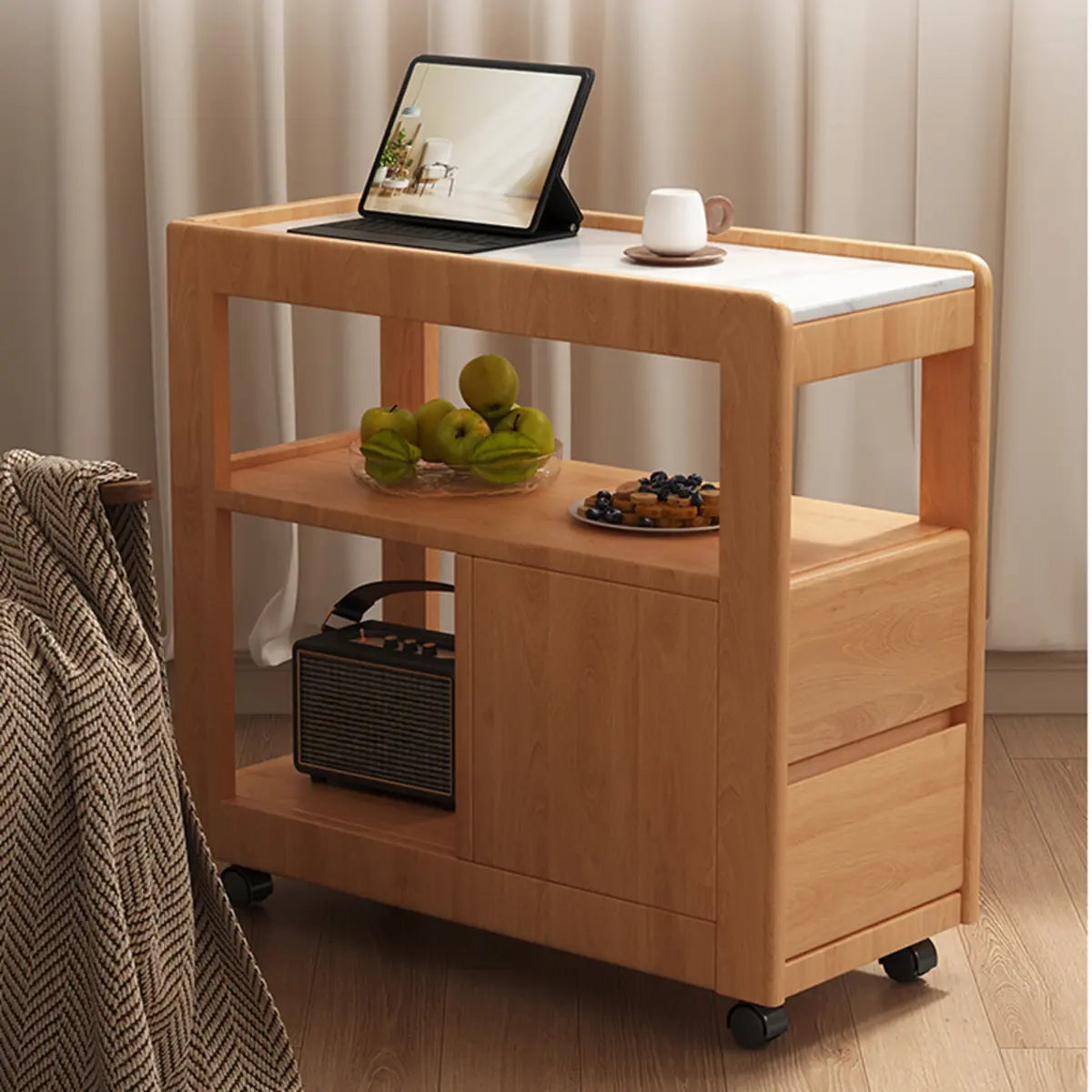 Natural 2-Drawers Rectangle stone Rollers Chairside Table Image - 7