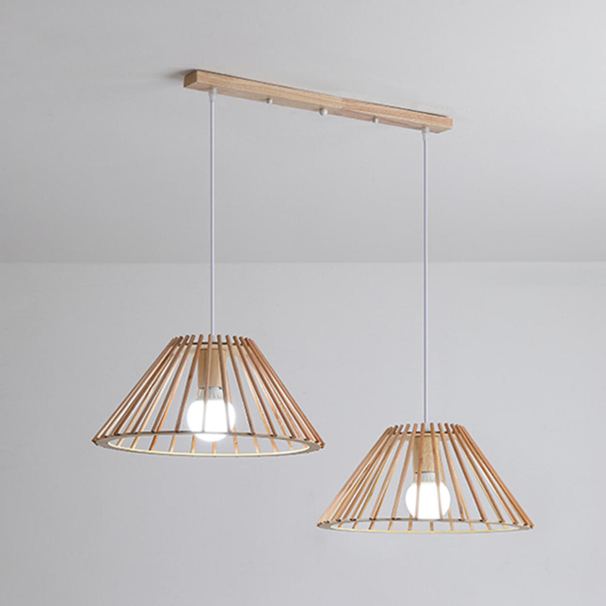 Natural 2-Light Cone Rubber Wood Island Pendant Light Image - 2