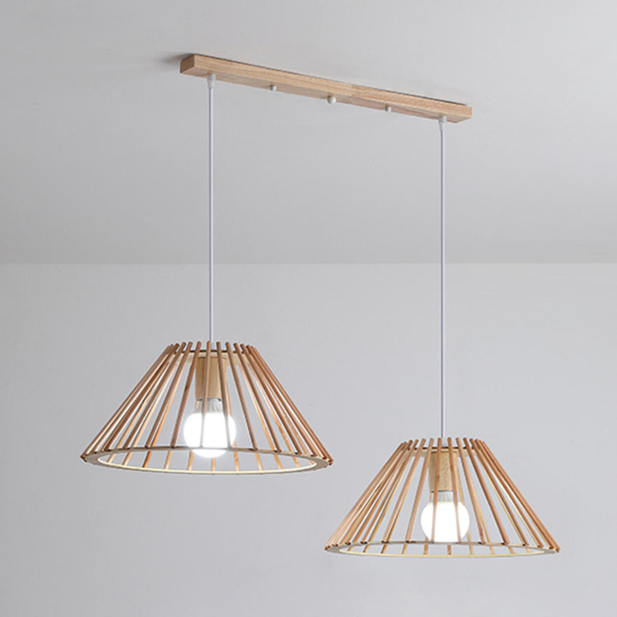 Natural 2-Light Cone Rubber Wood Island Pendant Light Image - 3