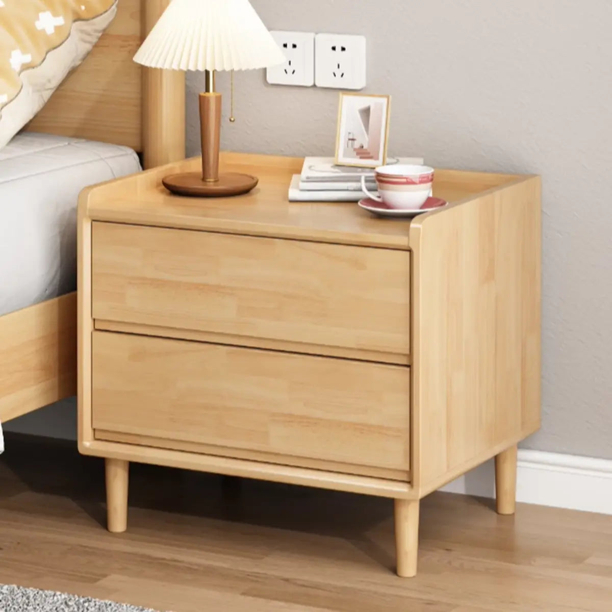 Natural 2-Tier Rectangular Wood Drawer Storage Nightstand Image - 2