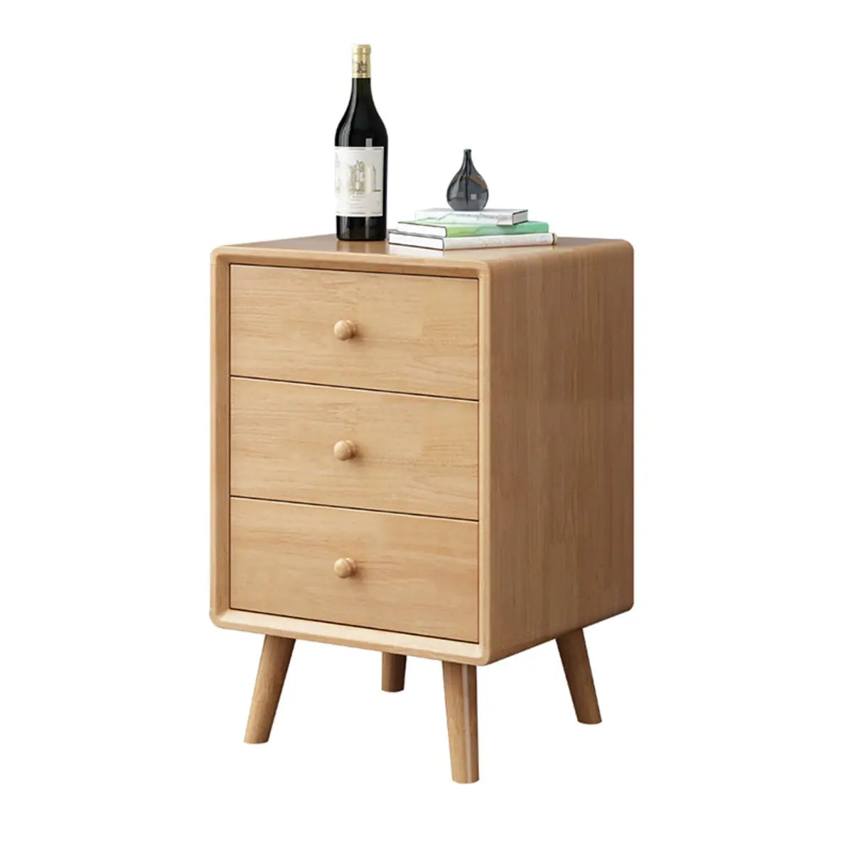 Natural 3 Drawers Square Rubberwood Nightstand with Legs Image - 10