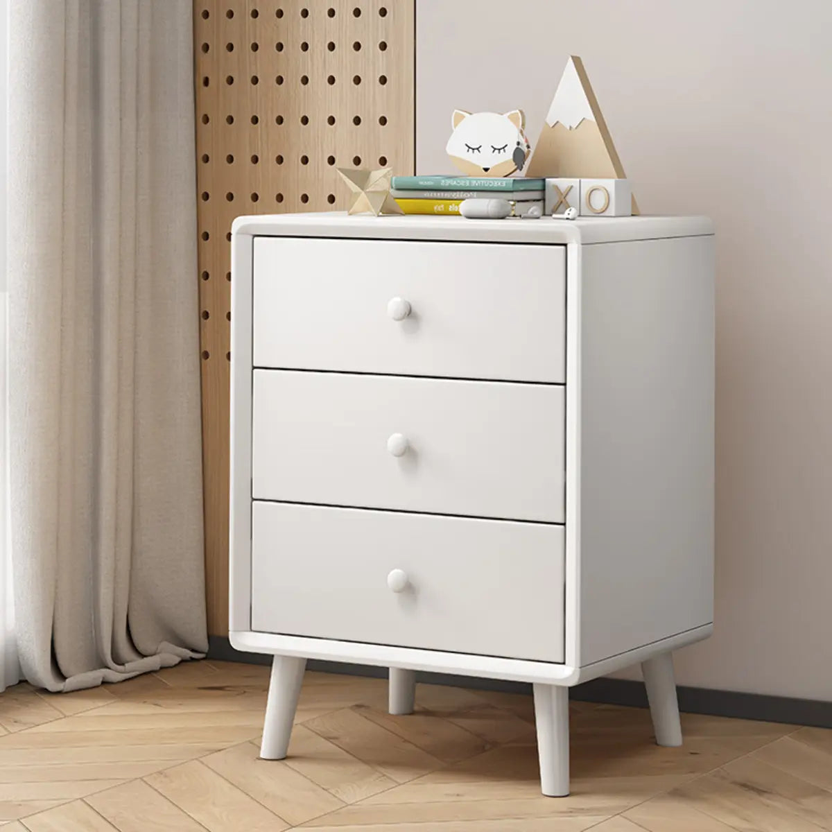 Natural 3 Drawers Square Rubberwood Nightstand with Legs Image - 12