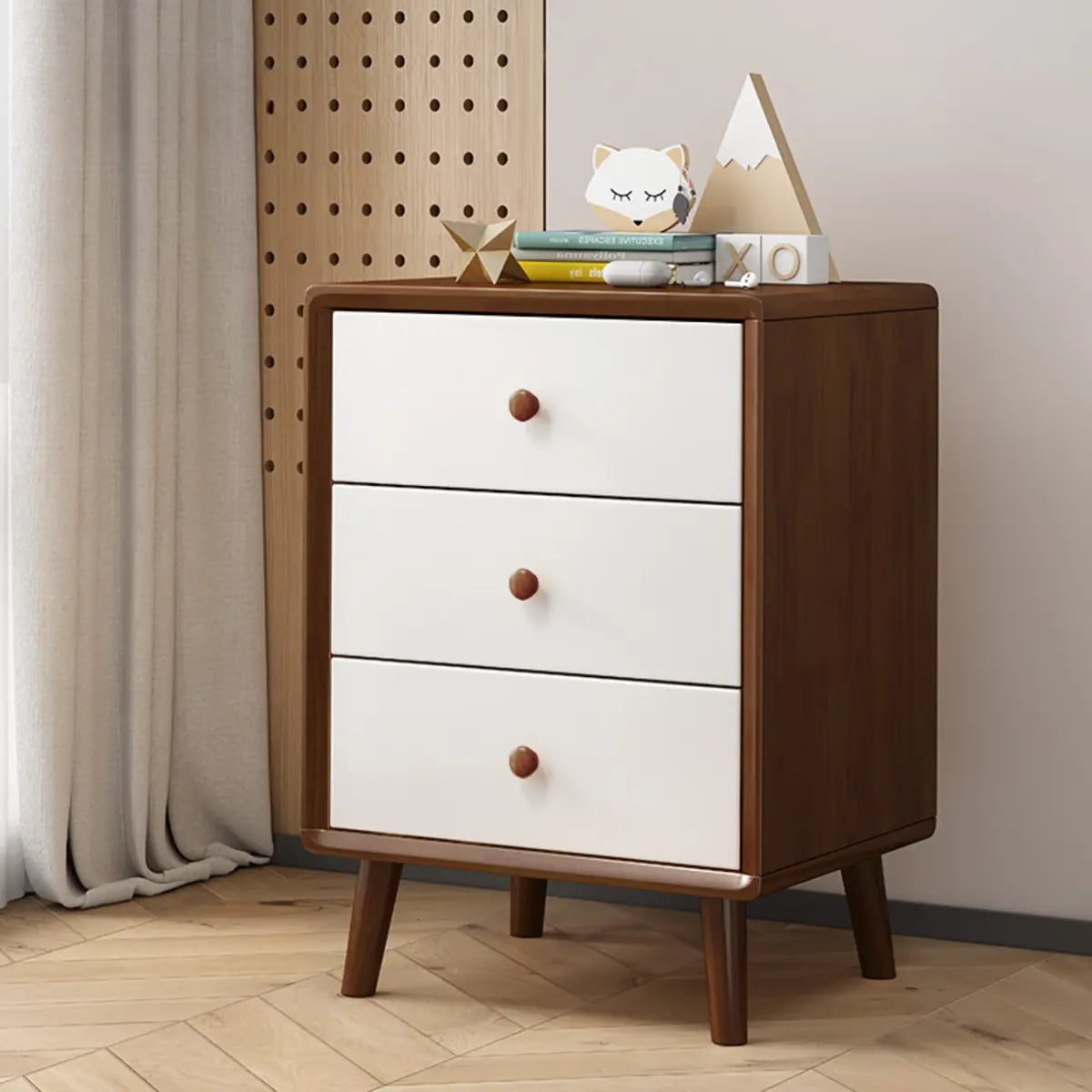 Natural 3 Drawers Square Rubberwood Nightstand with Legs Image - 13