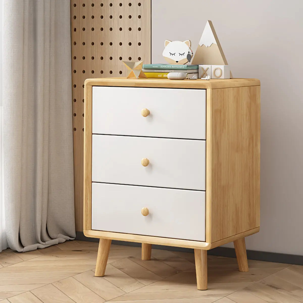 Natural 3 Drawers Square Rubberwood Nightstand with Legs Image - 17