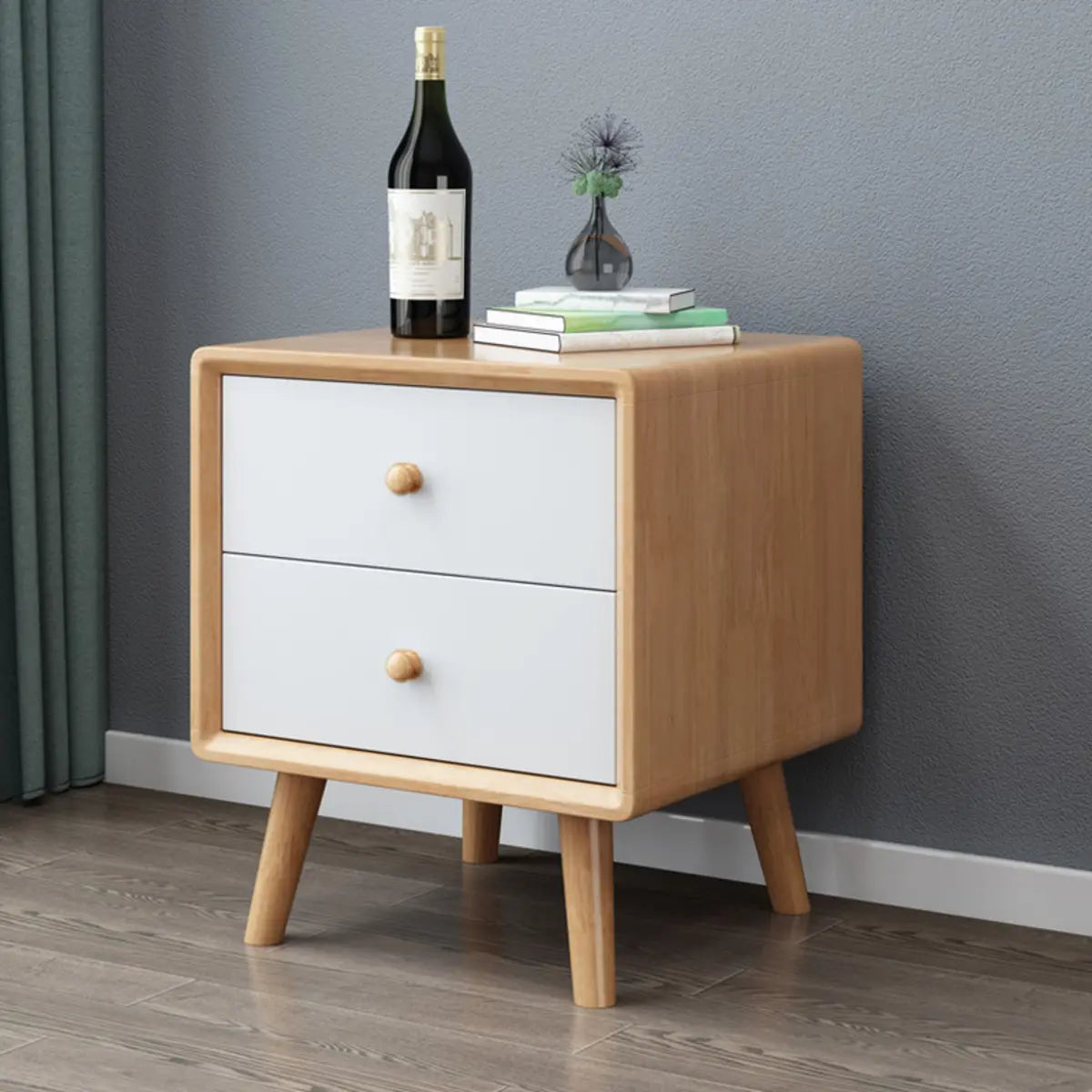 Natural 3 Drawers Square Rubberwood Nightstand with Legs Image - 7