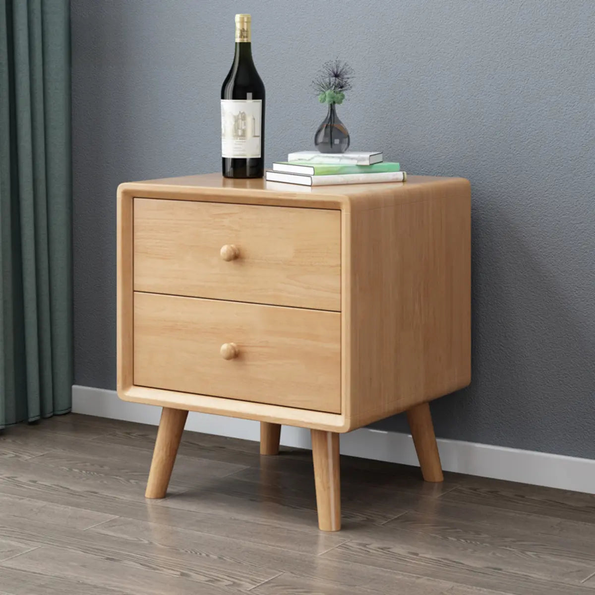 Natural 3 Drawers Square Rubberwood Nightstand with Legs Image - 9