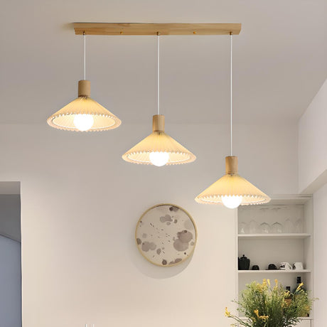 Natural 3-Light Pleated Wood Cone Island Hanging Light Image - 1