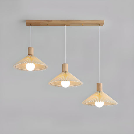 Natural 3-Light Pleated Wood Cone Island Hanging Light Image - 2