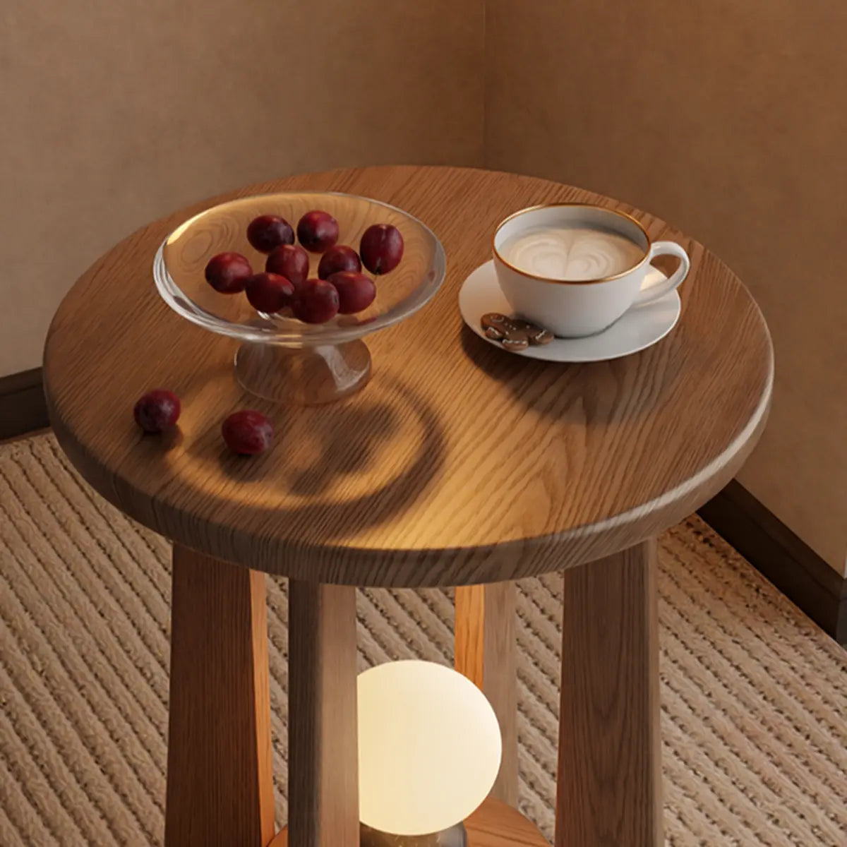 Natural and Lamp Round Wood Chairside Table with Shelf Image - 11