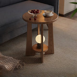 Natural and Lamp Round Wood Chairside Table with Shelf Image - 2