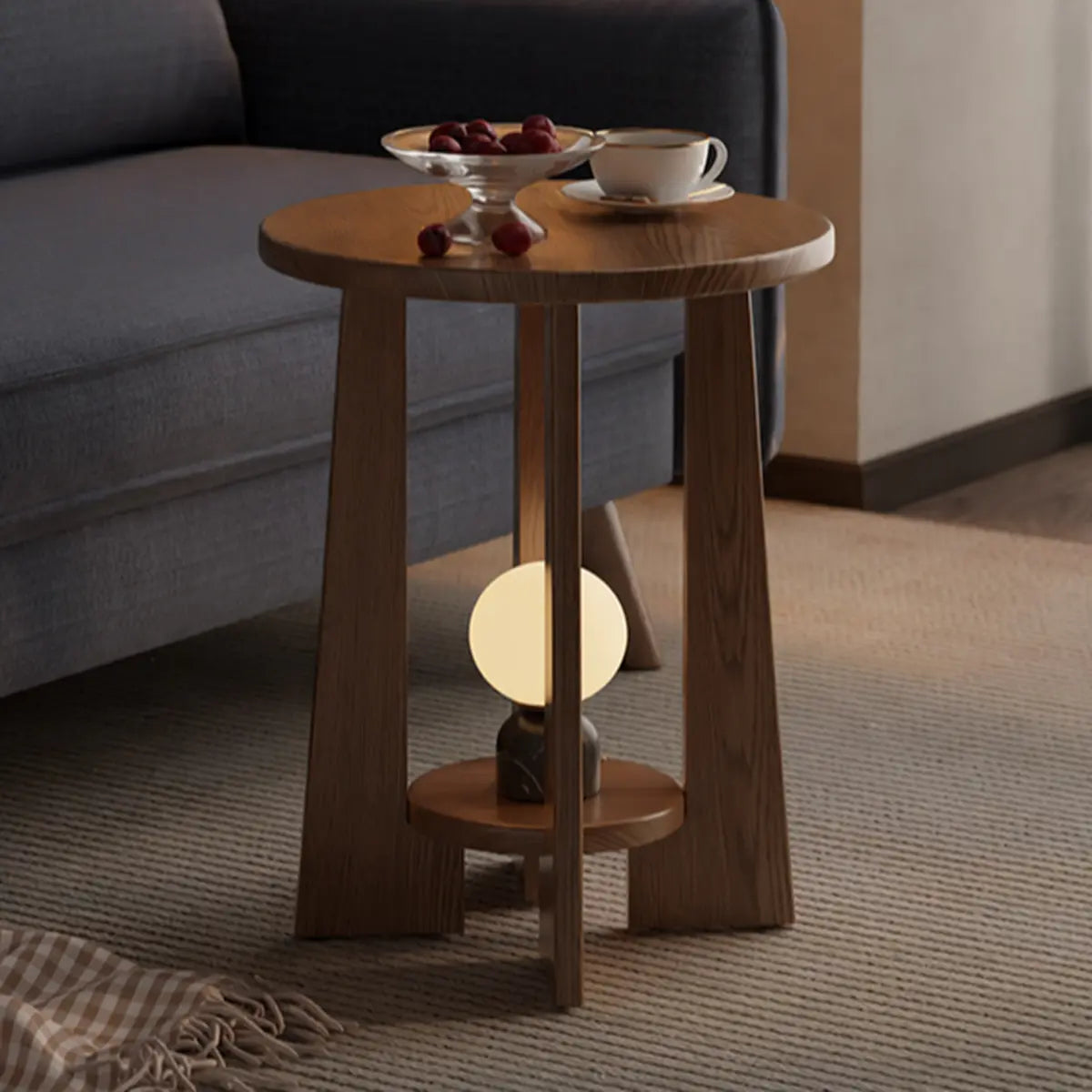 Natural and Lamp Round Wood Chairside Table with Shelf Image - 4