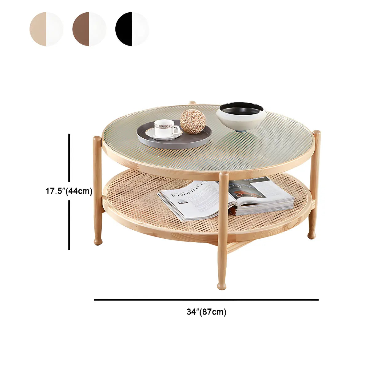 Natural Ash Wood Clear Glass Top Round Coffee Table 