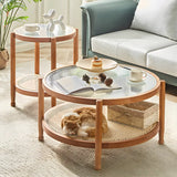 Natural Ash Wood Clear Glass Top Round Coffee Table Image - 5