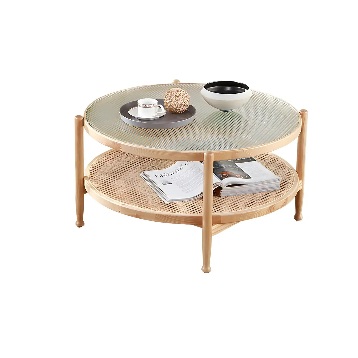 Natural Ash Wood Clear Glass Top Round Coffee Table Image - 9