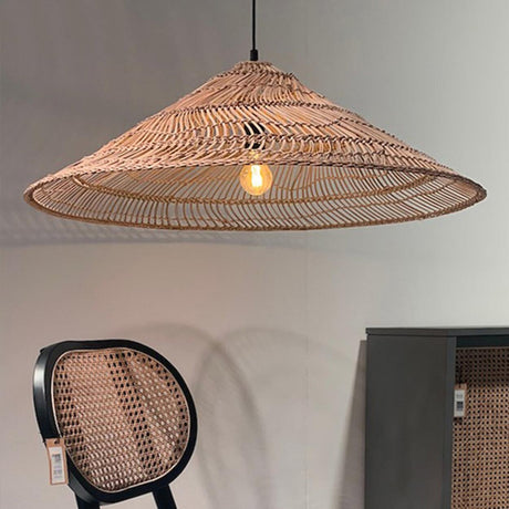 Natural Asian Cone Rattan Wood Color Pendant Light Image - 1