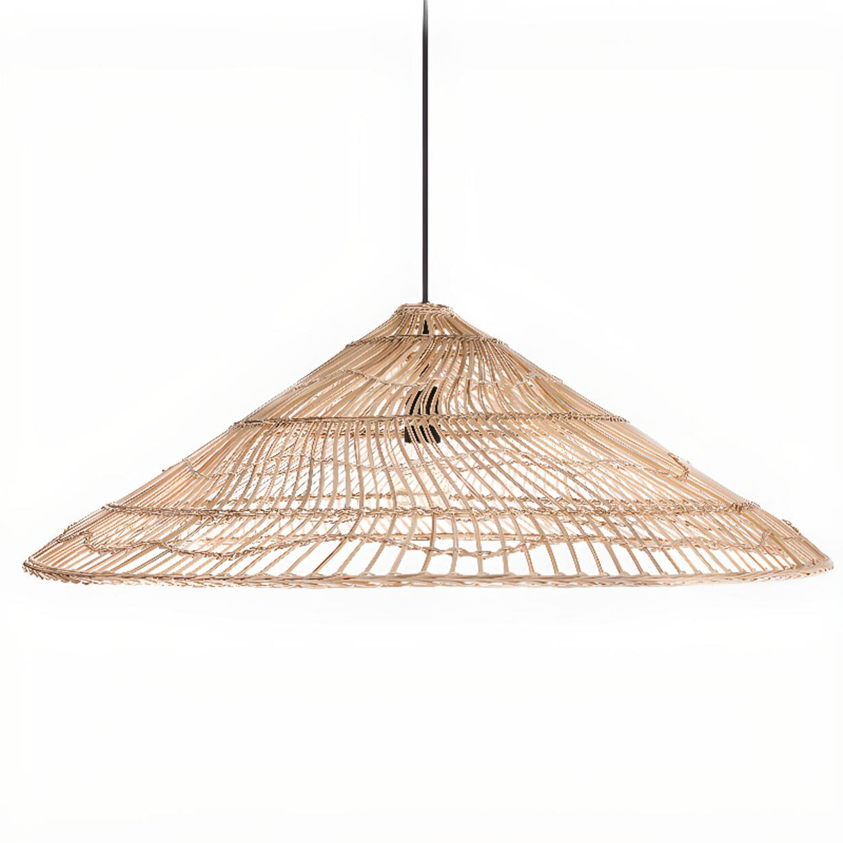 Natural Asian Cone Rattan Wood Color Pendant Light Image - 5