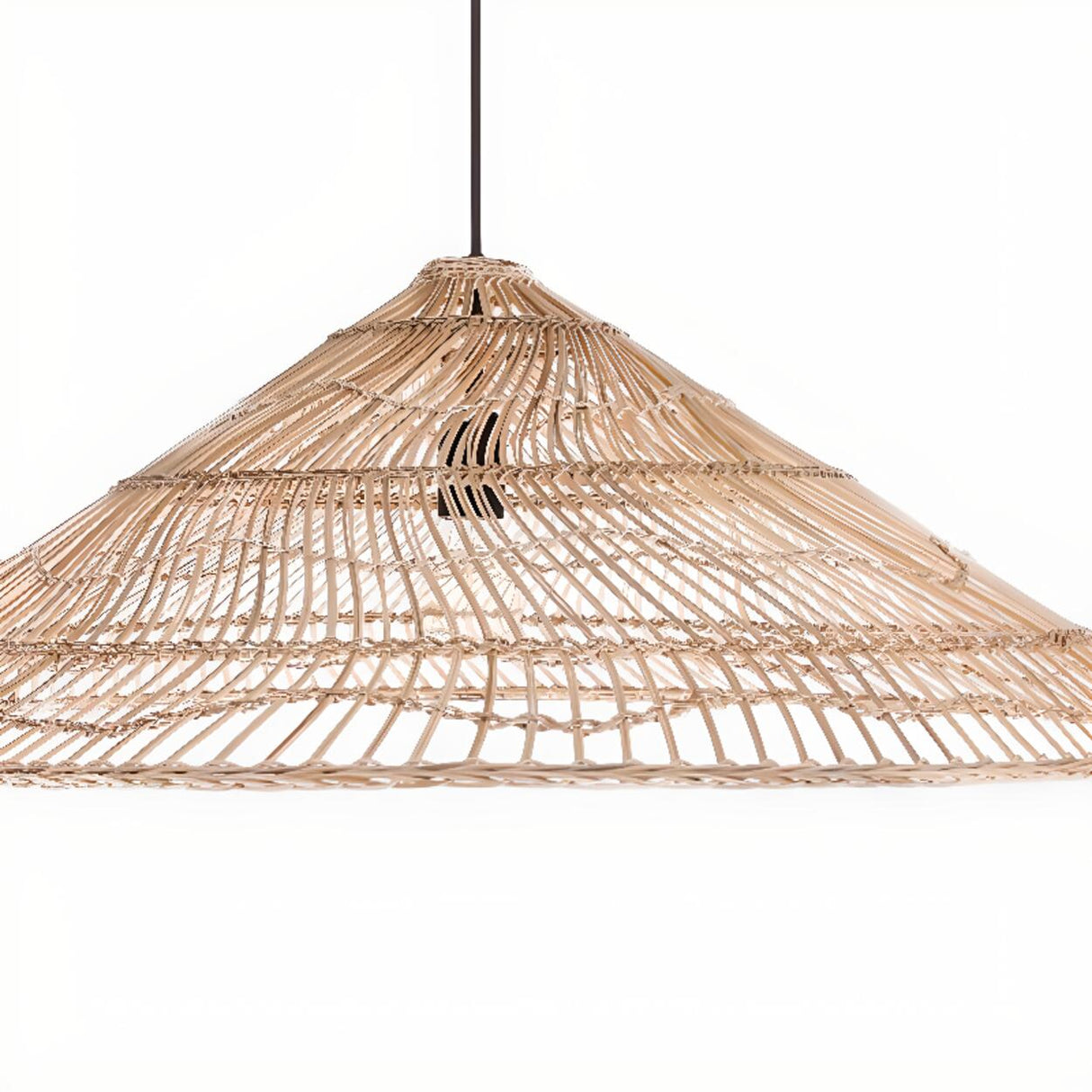 Natural Asian Cone Rattan Wood Color Pendant Light Image - 8