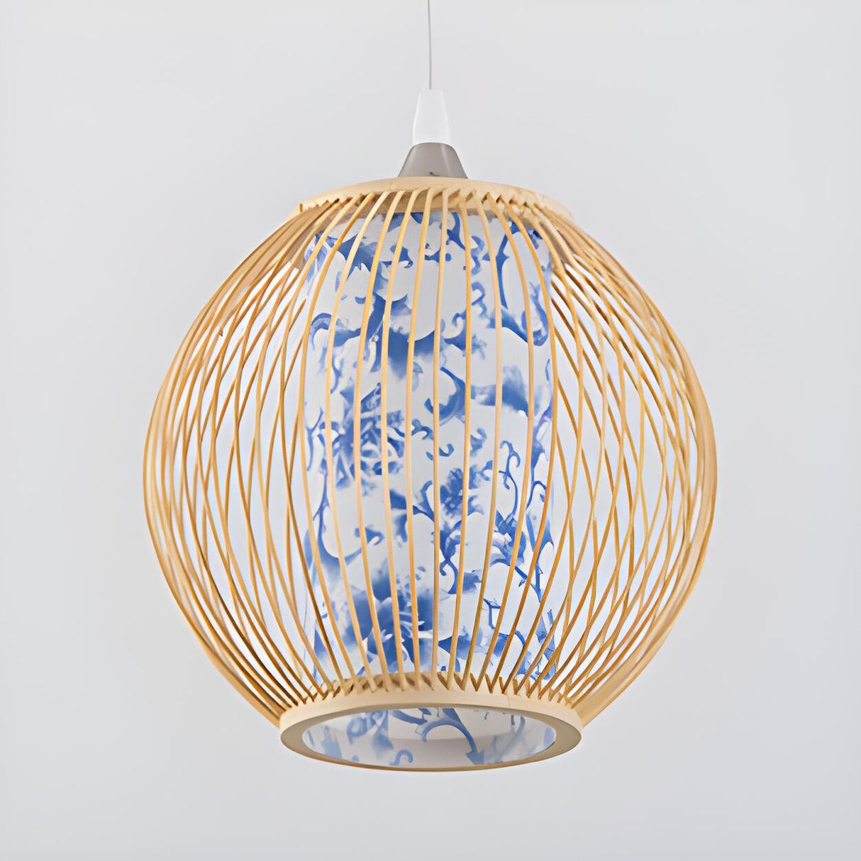 Natural Bamboo Globe Blue and White Pattern Pendant Light Image - 4