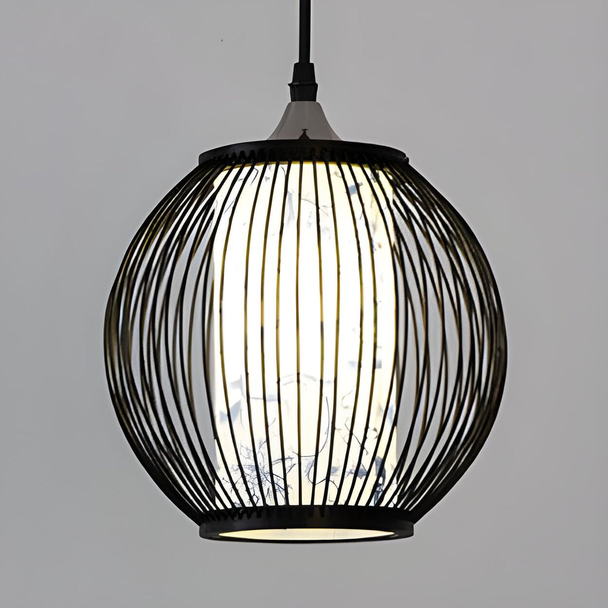 Natural Bamboo Globe Blue and White Pattern Pendant Light Image - 5