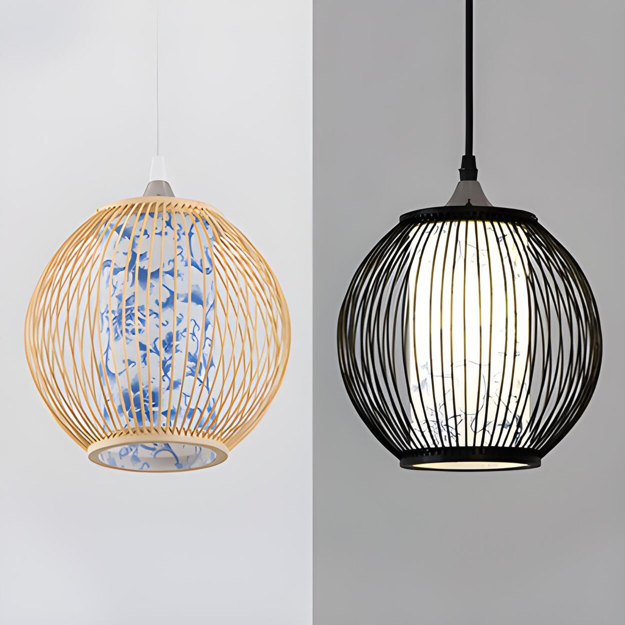 Natural Bamboo Globe Blue and White Pattern Pendant Light Image - 6