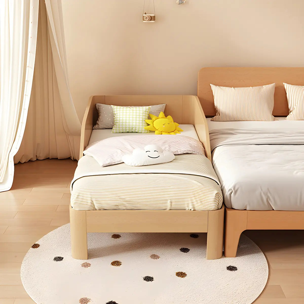 Natural Beech Wood Kids Bed with Mattress and Guardrail Image - 3