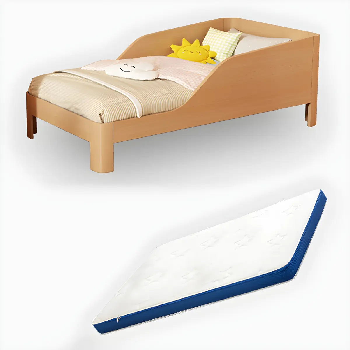 Natural Beech Wood Kids Bed with Mattress and Guardrail Image - 4