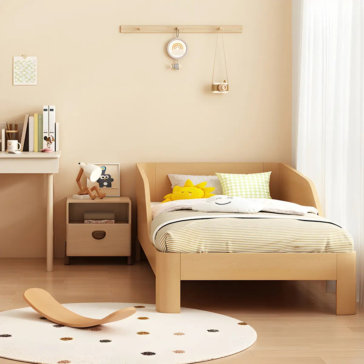 Natural Beech Wood Kids Bed with Mattress and Guardrail Image - 5