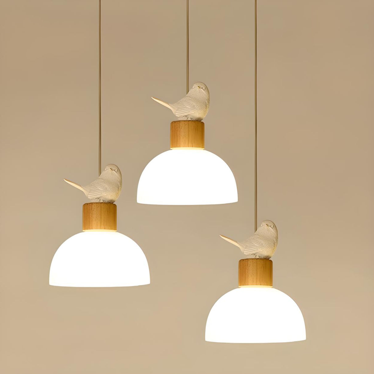 Natural Bird Dome Milk Glass Wood Pendant Light Image - 10