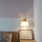 Natural Bird Dome Milk Glass Wood Pendant Light Image - 4