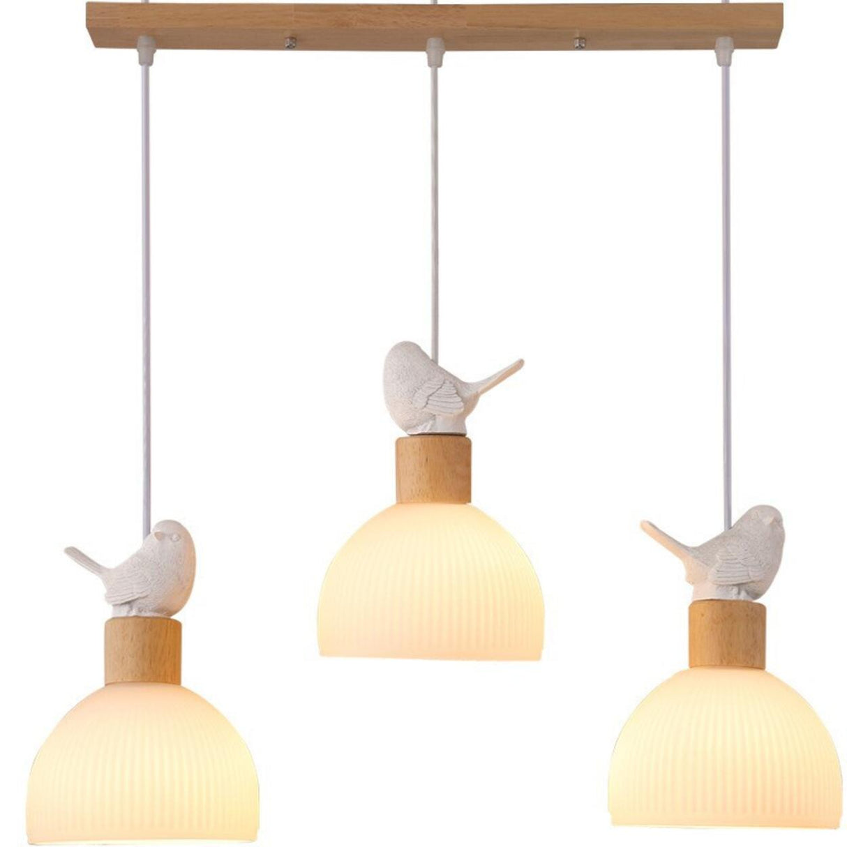 Natural Bird Dome Milk Glass Wood Pendant Light Image - 5