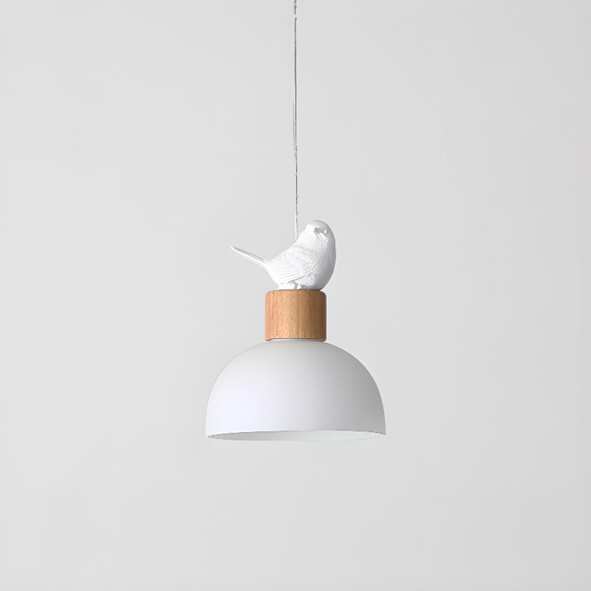 Natural Bird Dome Milk Glass Wood Pendant Light Image - 6