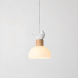 Natural Bird Dome Milk Glass Wood Pendant Light Image - 7