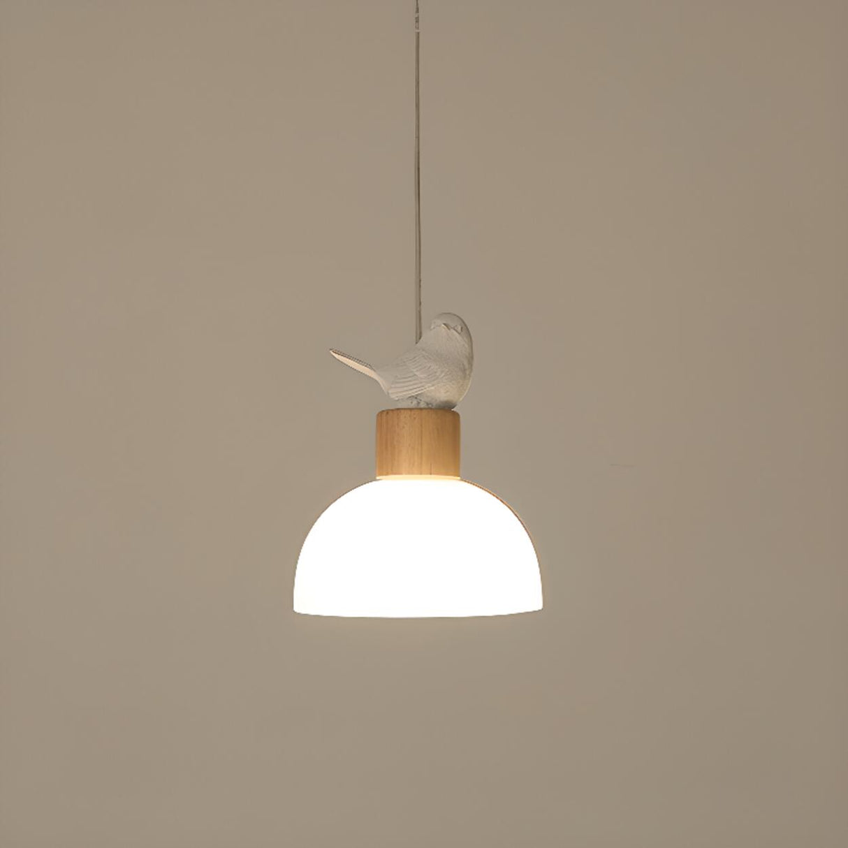 Natural Bird Dome Milk Glass Wood Pendant Light Image - 8