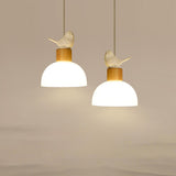 Natural Bird Dome Milk Glass Wood Pendant Light Image - 9