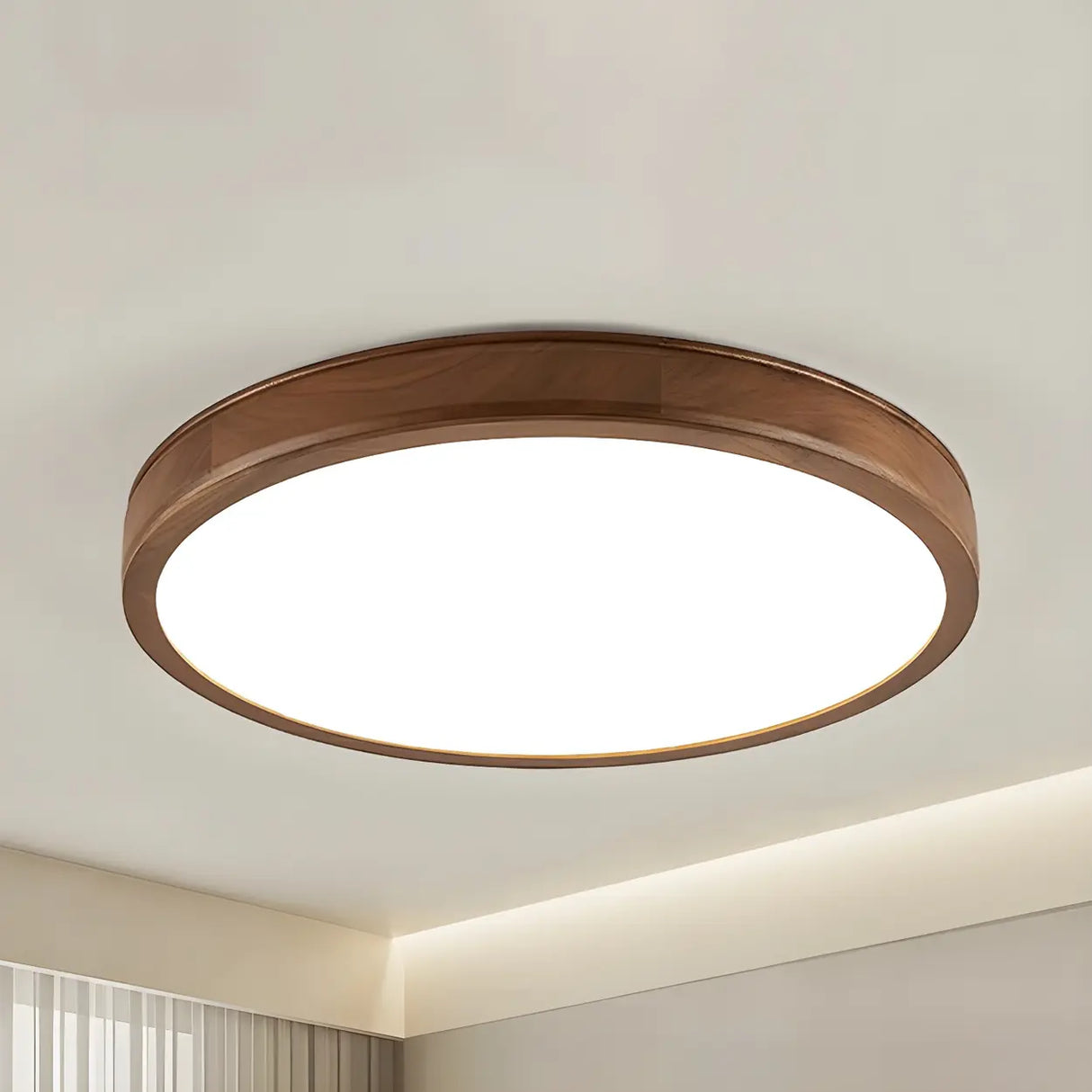 Natural Brown Round Wood LED Flush Mount Ceiling Light Image - 2