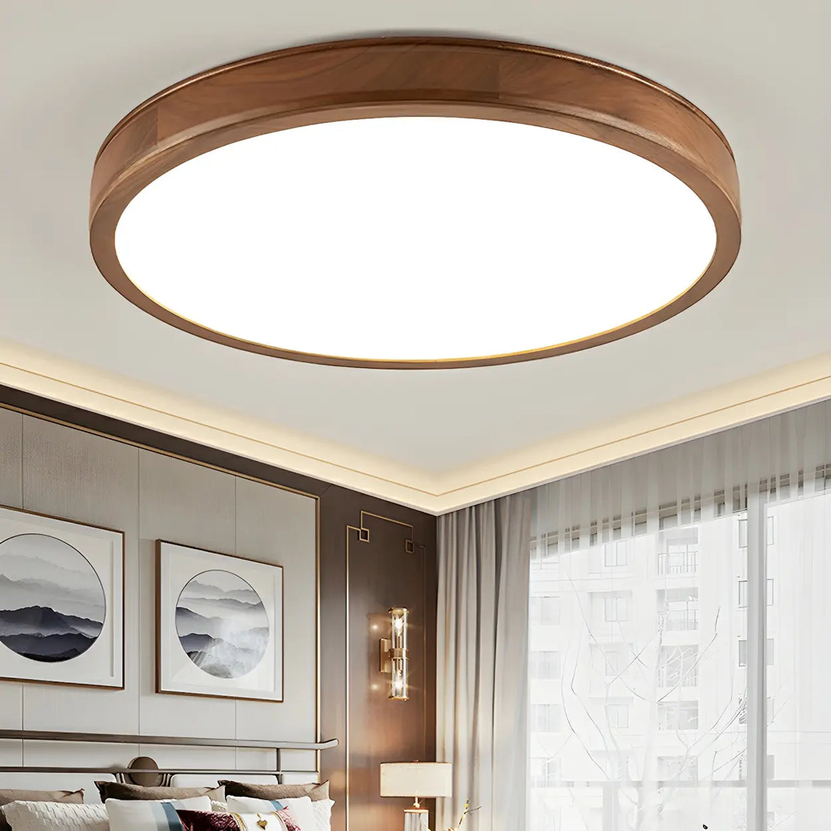 Natural Brown Round Wood LED Flush Mount Ceiling Light Image - 3