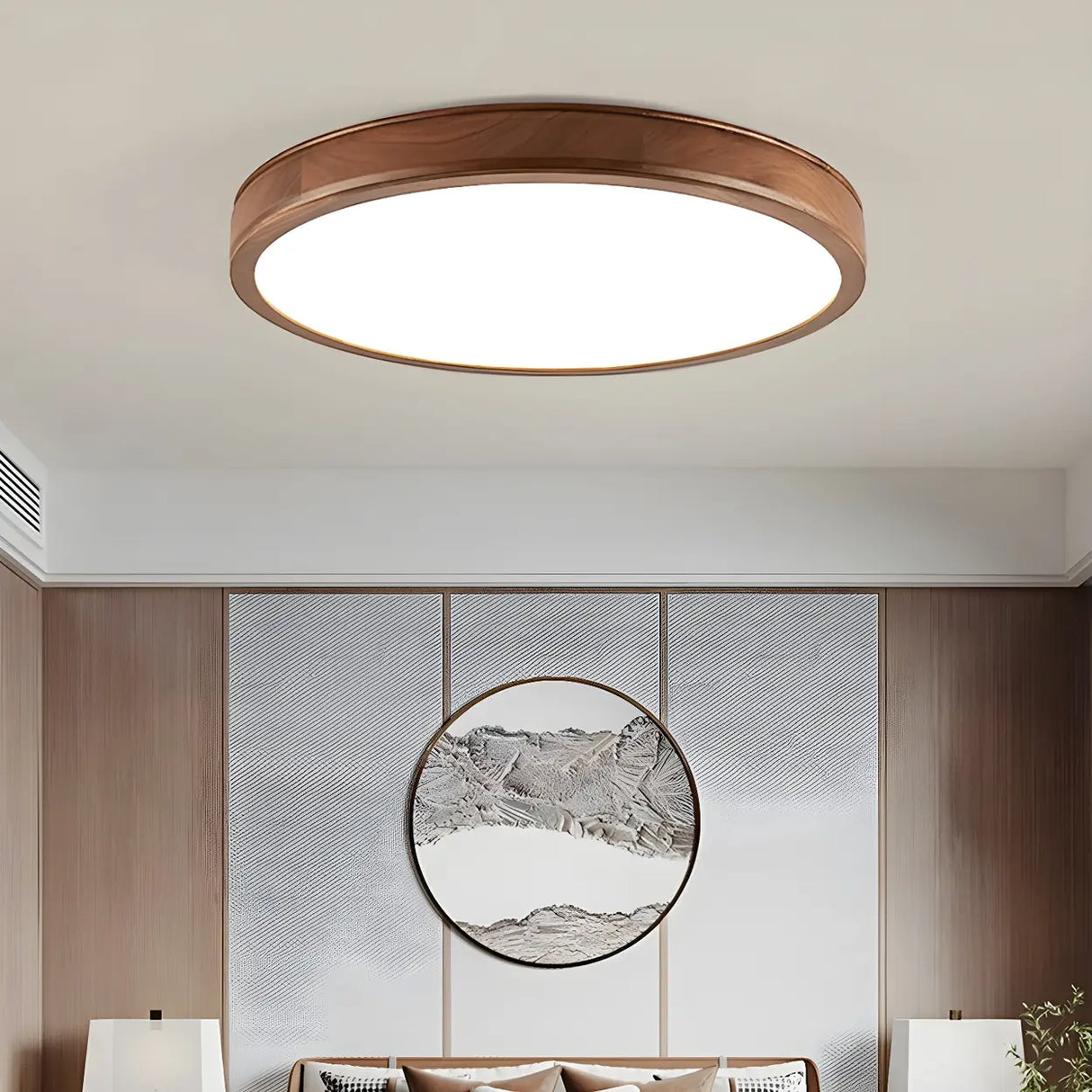 Natural Brown Round Wood LED Flush Mount Ceiling Light Image - 5