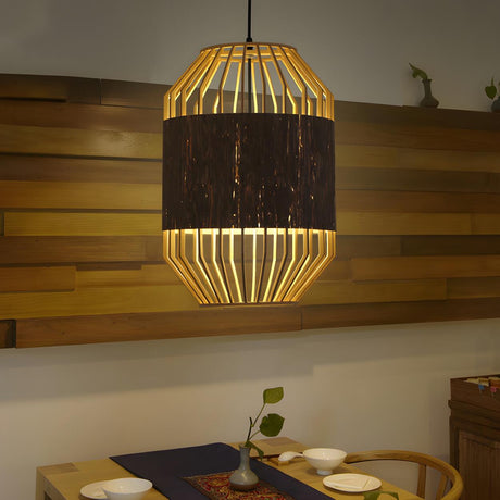 Natural Cage Cylinder Wood Beige Dining Room Pendant Light Image - 1