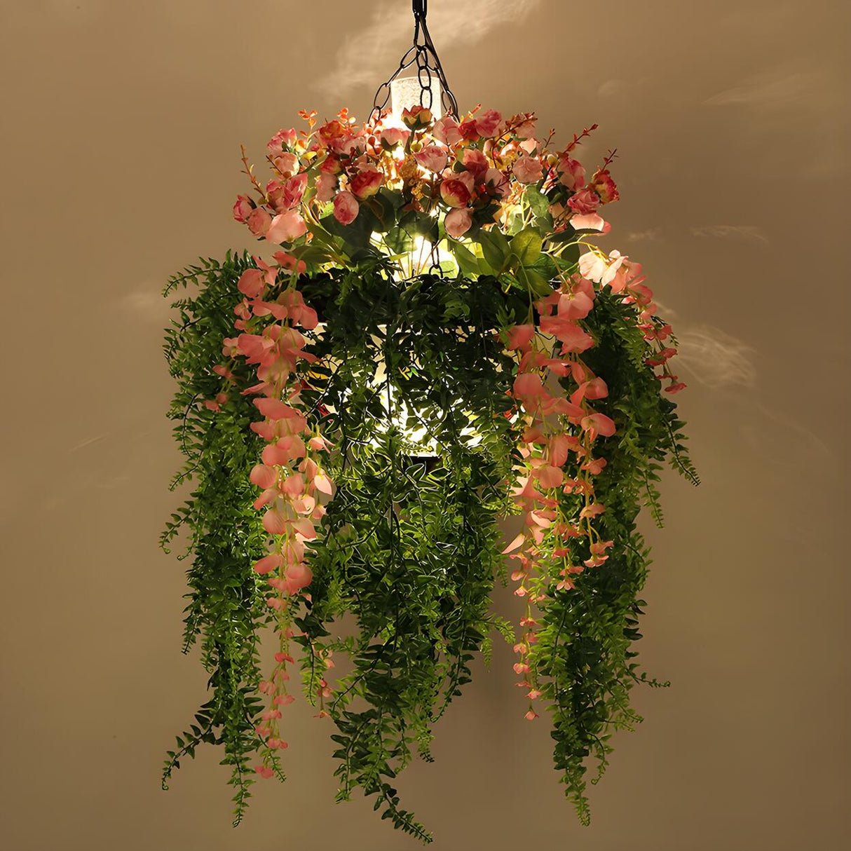 Natural Cascading Greenery and Pink Blooms Chandelier Image - 3